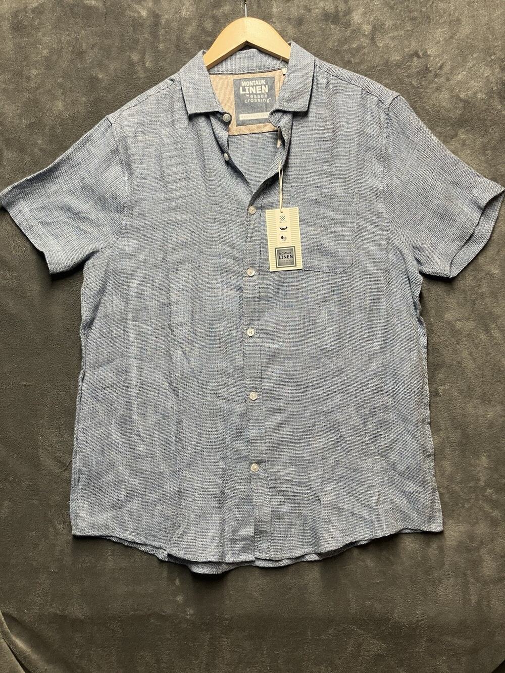 NEW Montauk Linen Essex Crossing Button Up Shirt Men M Blue Coastal Nautical